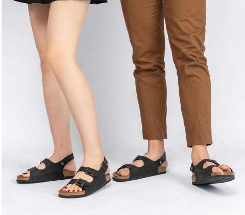 Giày sandal đế trấu 2 khóa nam nữ màu ĐEN Sata21D