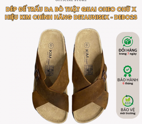 Dép đế trấu da bò thật Quai Chéo chữ X hiệu KIM chính hãng Detaunisex - DEBO23
