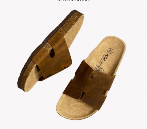 Dép đế trấu da bò thật chữ H hiệu KIM chính hãng Detaunisex - DEBO14B