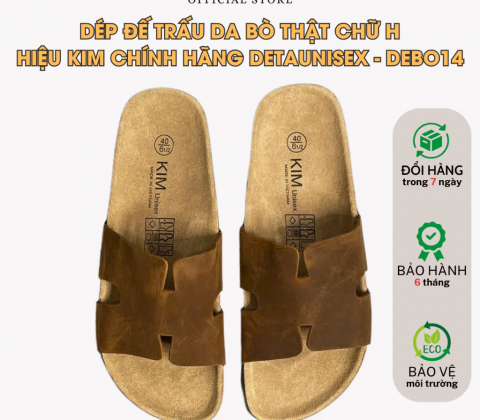 Dép đế trấu da bò thật chữ H hiệu KIM chính hãng Detaunisex - DEBO14B
