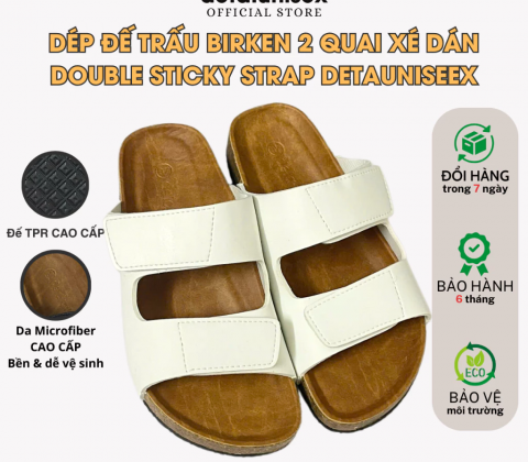 Dép đế trấu Birken DOUBLE STICKY STRAP 2 QUAI XÉ DÁN đế TPR Detaunisex - DETA25T-TPR TRẮNG