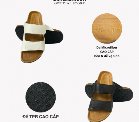 Dép đế trấu Birken DOUBLE STICKY STRAP 2 QUAI XÉ DÁN đế TPR Detaunisex - DETA25D-TPR ĐEN