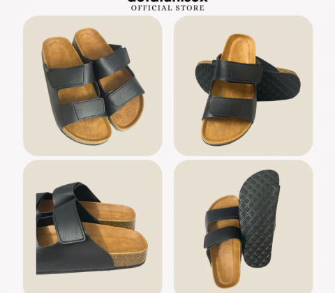 Dép đế trấu Birken DOUBLE STICKY STRAP 2 QUAI XÉ DÁN đế TPR Detaunisex - DETA25D-TPR ĐEN